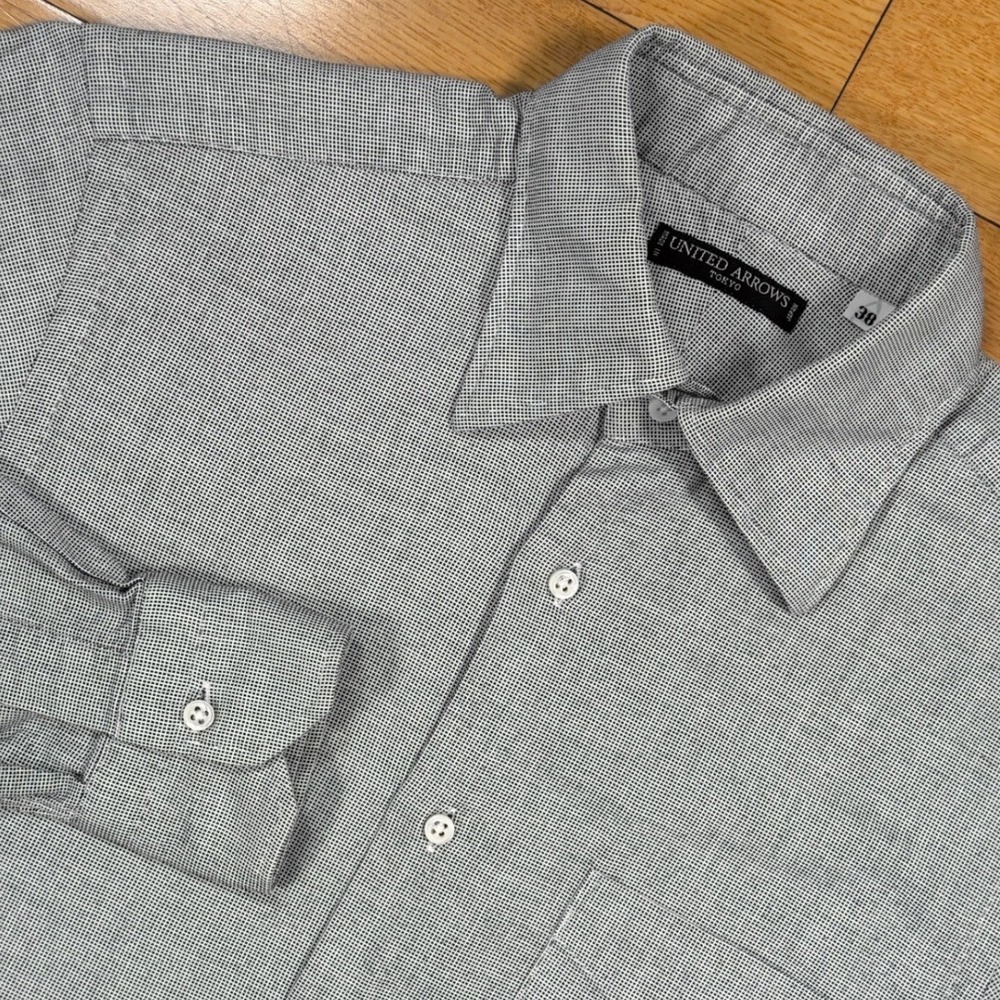 United‎ Arrows Tokyo Sz 38 Made in Japan Grey Micro Check Cotton Button Up Shirt